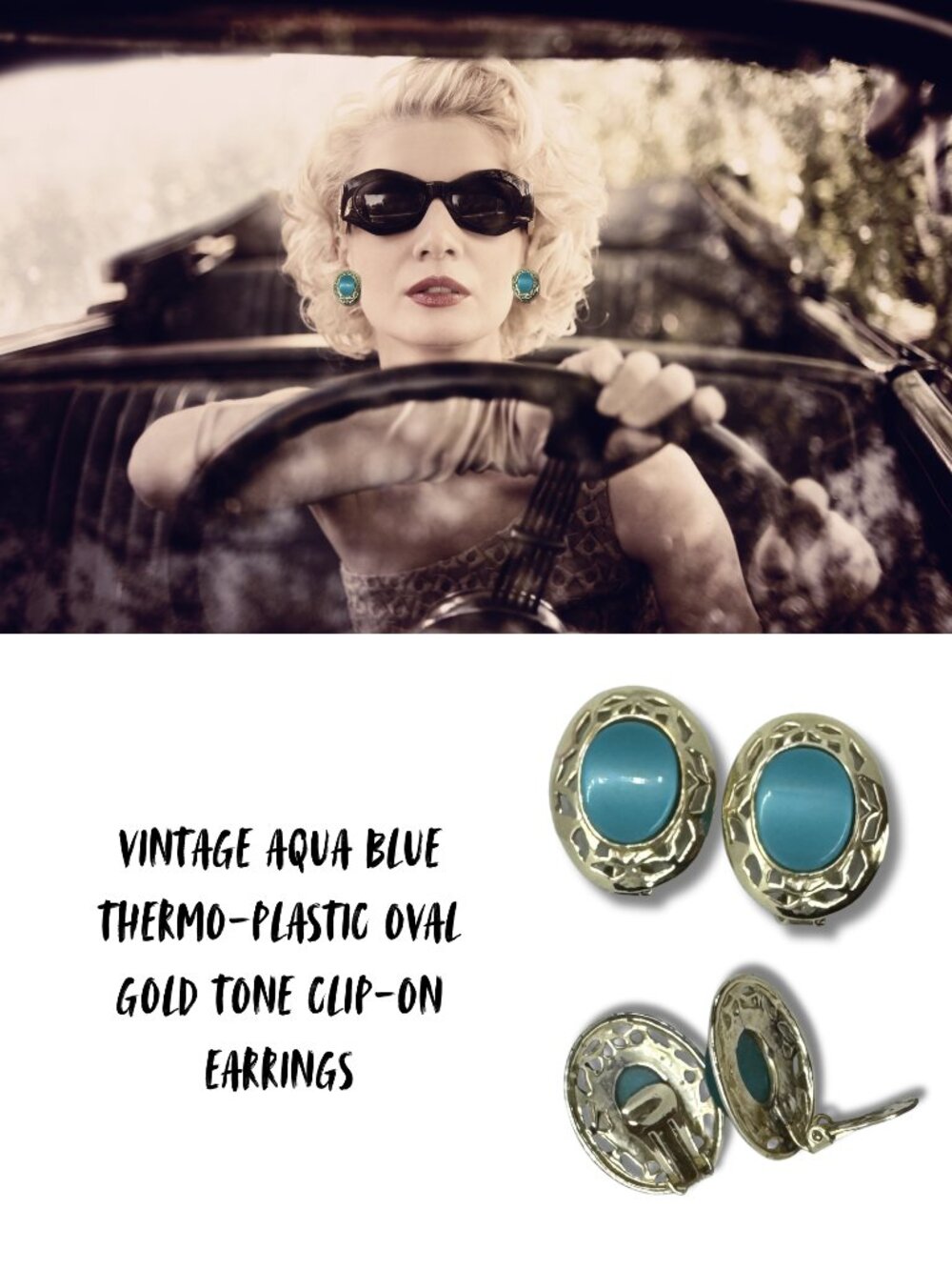 Vintage Aqua Blue Thermo Plastic Gold Tone Clip On Earrings